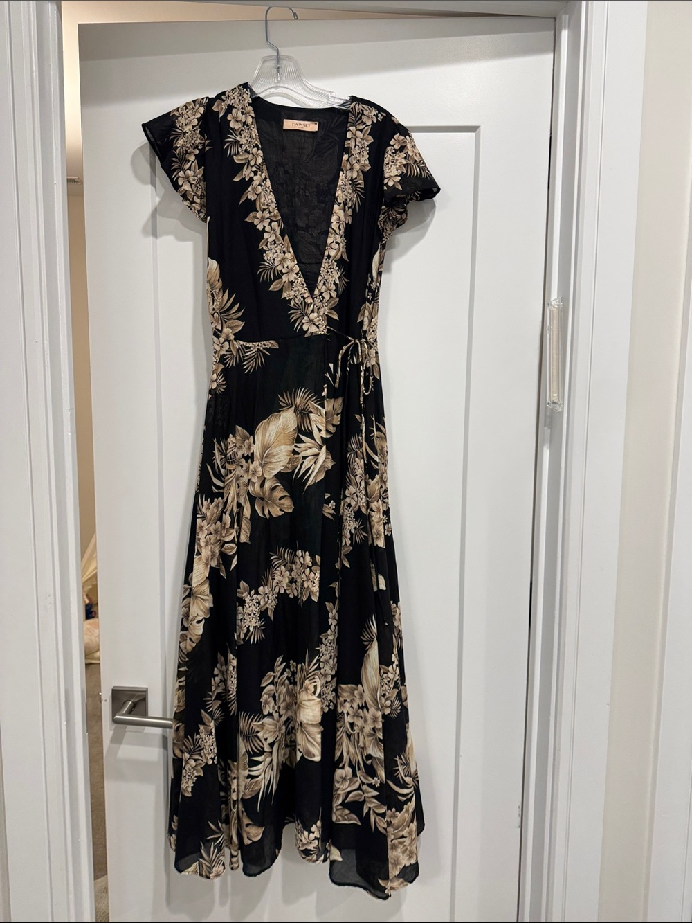 Twin-Set Black Floral Wrap Dress with Beige Print